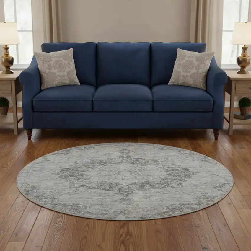 8' X 8' Silver And Gray Oriental Washable Round Rug With UV Protection Photo 2