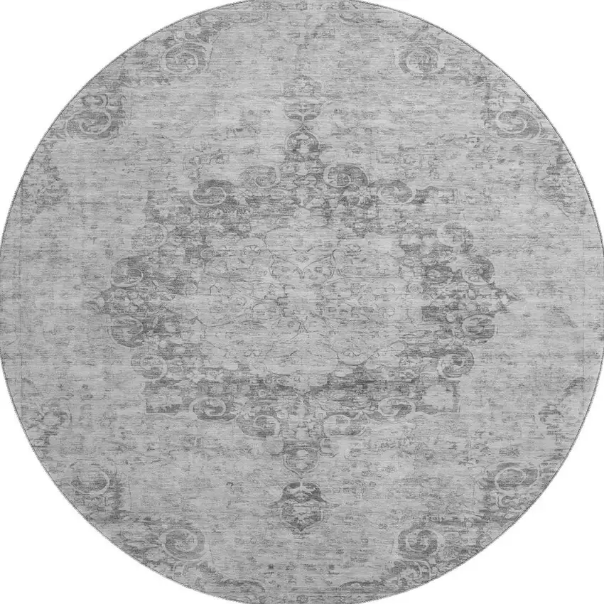 8' X 8' Silver And Gray Oriental Washable Round Rug With UV Protection Photo 2