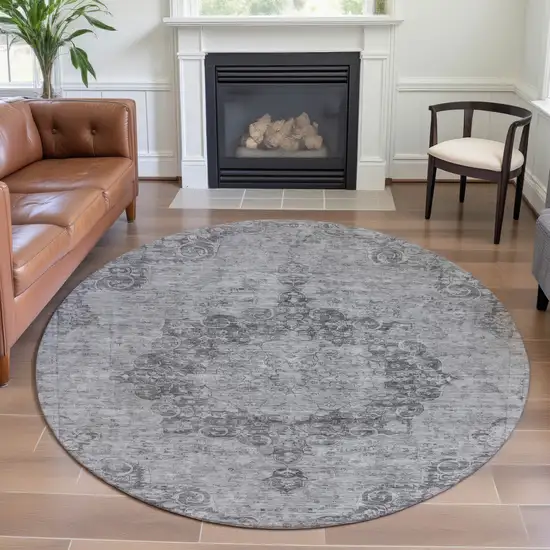 8' X 8' Silver And Gray Oriental Washable Round Rug With UV Protection Photo 4