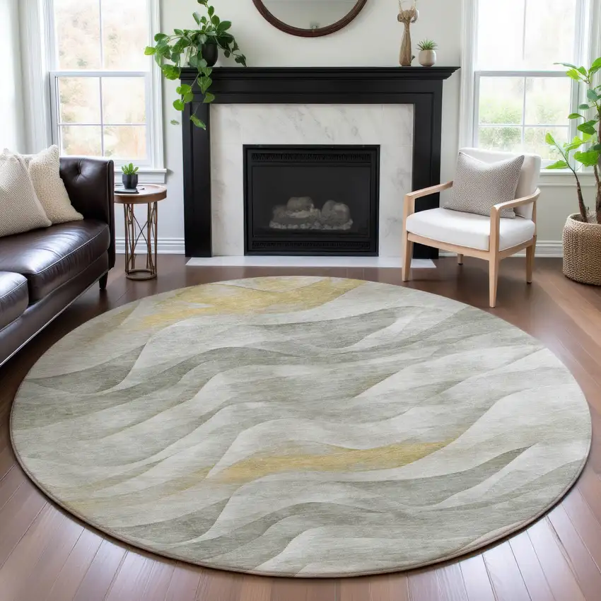 8' X 8' Silver Gold And Ivory Abstract Washable Round Rug With UV Protection Photo 4