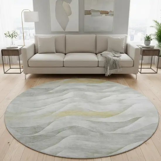8' X 8' Silver Gold And Ivory Abstract Washable Round Rug With UV Protection Photo 2