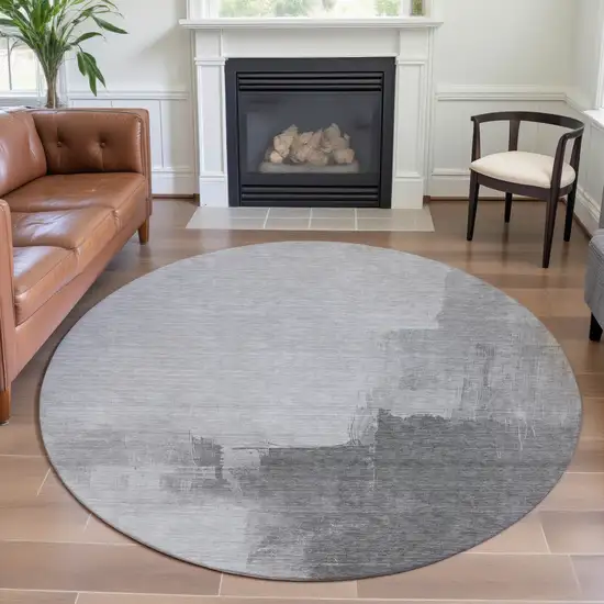 8' X 8' Silver Gray And Charcoal Abstract Washable Round Rug With UV Protection Photo 4