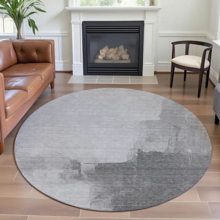 8' X 8' Silver Gray And Charcoal Abstract Washable Round Rug With UV Protection Photo 4