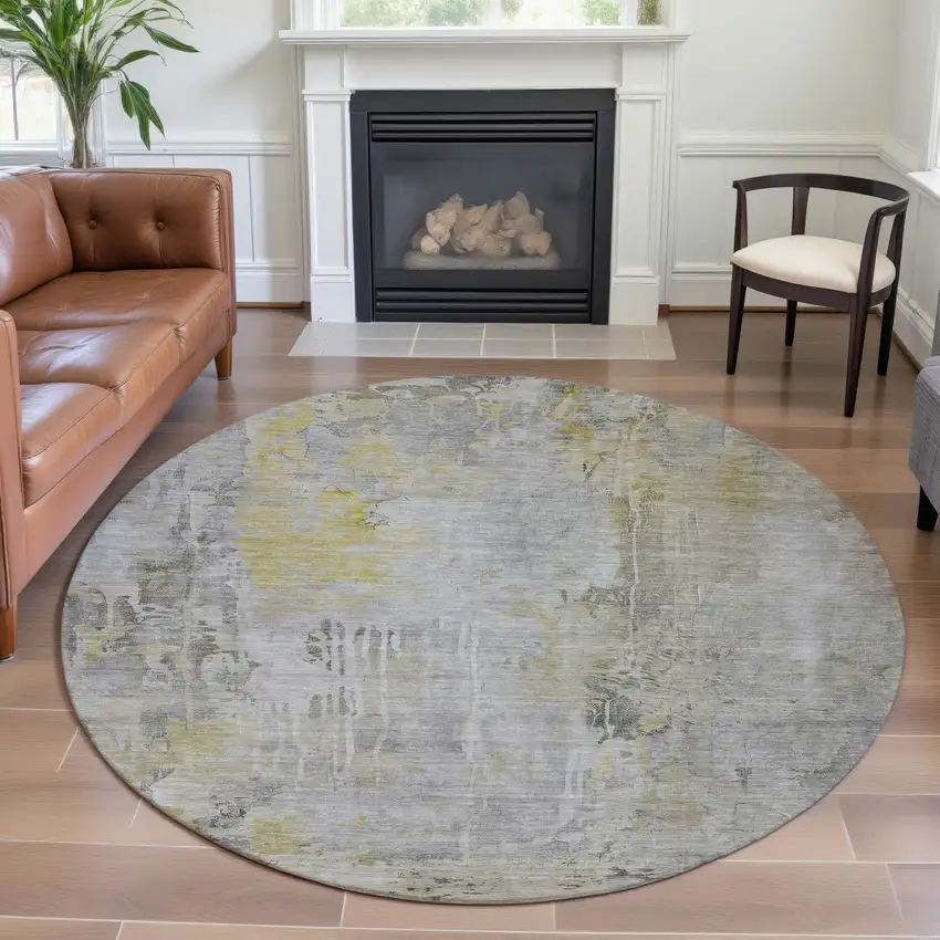 8' X 8' Silver Gray And Gold Abstract Washable Round Rug With UV Protection Photo 4