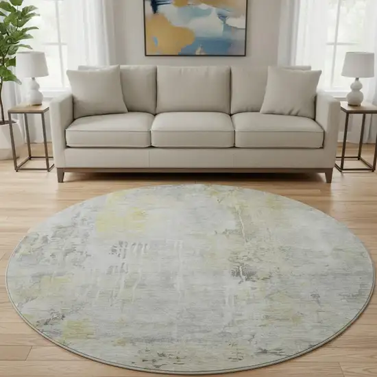 8' X 8' Silver Gray And Gold Abstract Washable Round Rug With UV Protection Photo 2