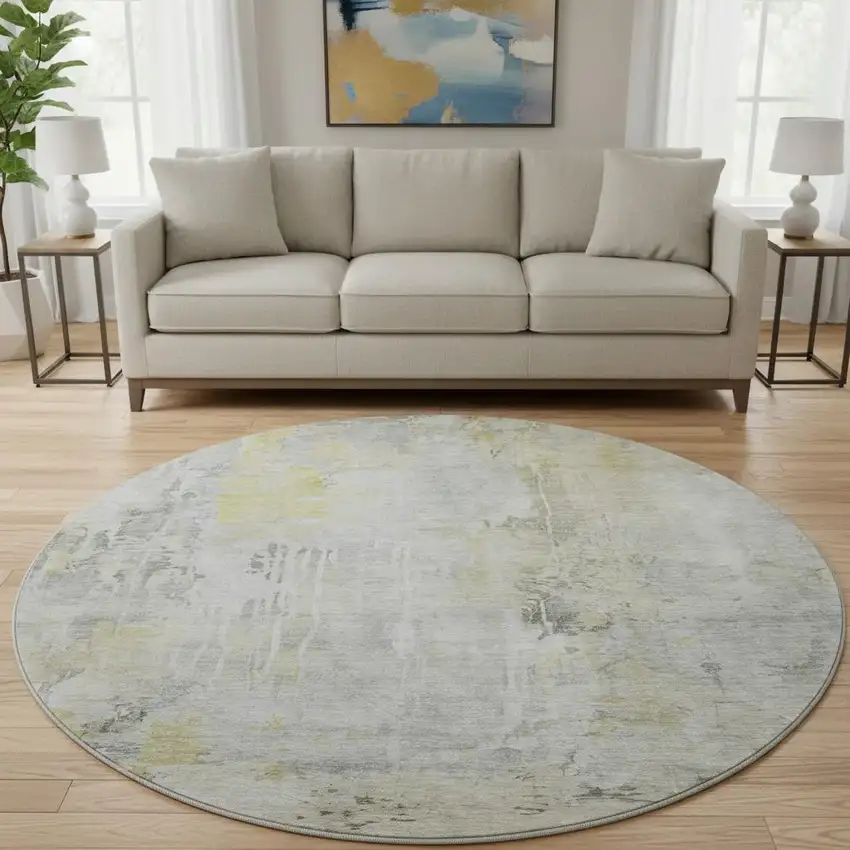 8' X 8' Silver Gray And Gold Abstract Washable Round Rug With UV Protection Photo 2