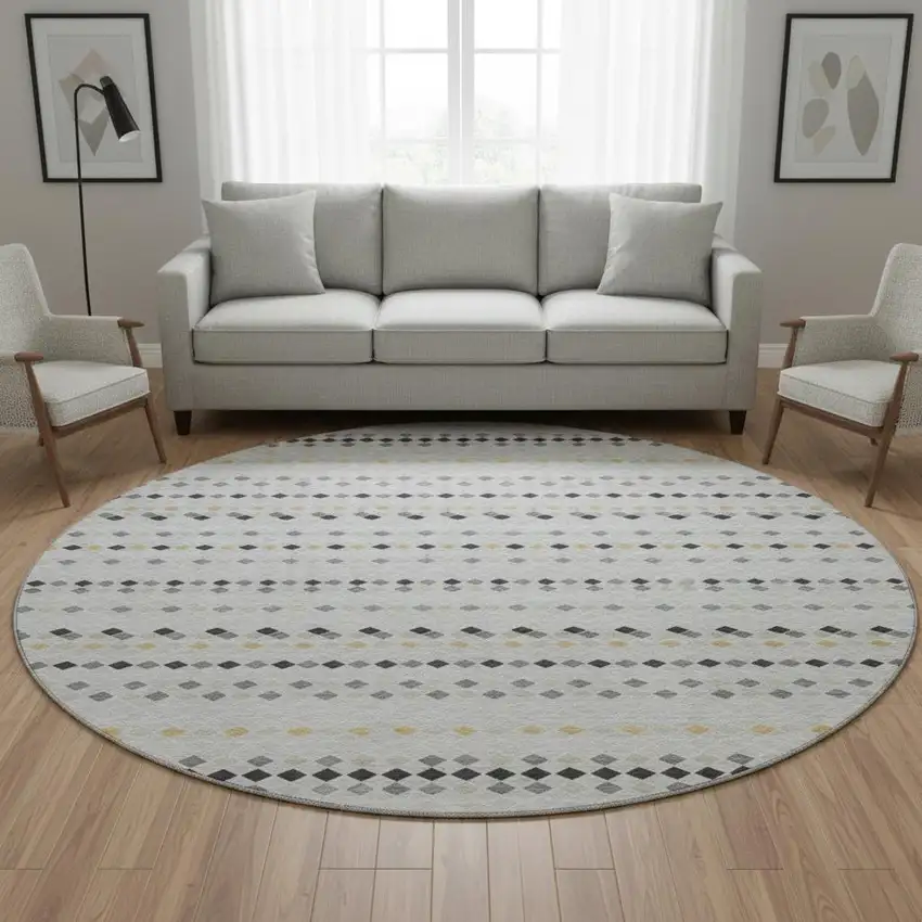 8' X 8' Silver Gray And Gold Striped Washable Round Rug With UV Protection Photo 2