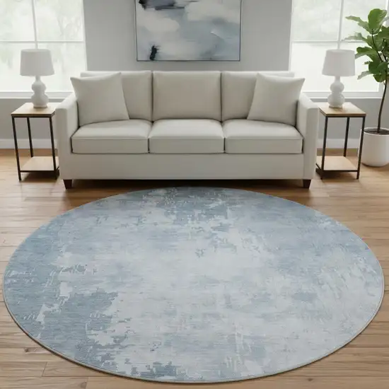 8' X 8' Sky Blue And Ivory Abstract Washable Round Rug With UV Protection Photo 2
