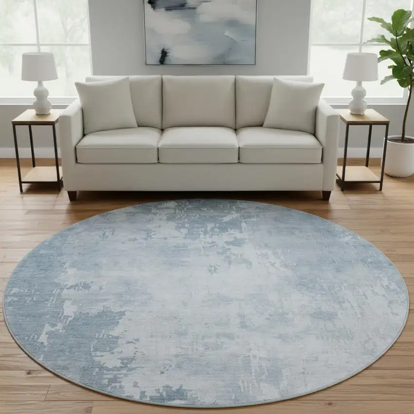 8' X 8' Sky Blue And Ivory Abstract Washable Round Rug With UV Protection Photo 2