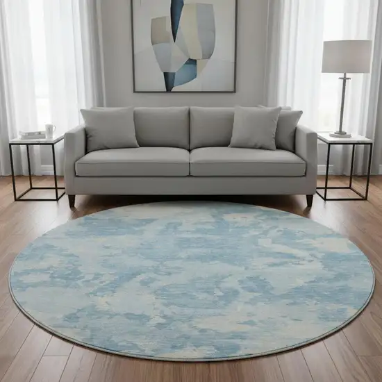 8' X 8' Sky Blue And Ivory Abstract Washable Round Rug With UV Protection Photo 2