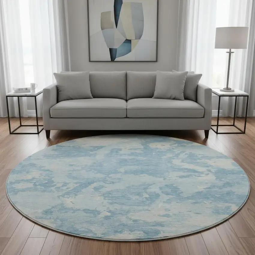 8' X 8' Sky Blue And Ivory Abstract Washable Round Rug With UV Protection Photo 2