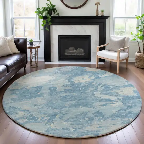8' X 8' Sky Blue And Ivory Abstract Washable Round Rug With UV Protection Photo 4