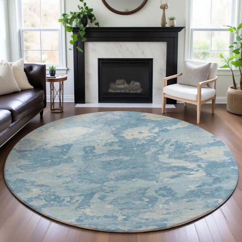 8' X 8' Sky Blue And Ivory Abstract Washable Round Rug With UV Protection Photo 4