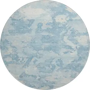 Photo of 8' X 8' Sky Blue And Ivory Abstract Washable Round Rug With UV Protection