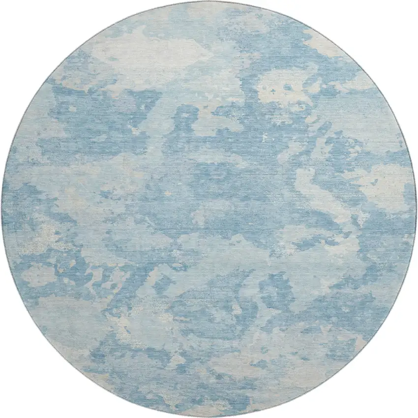 8' X 8' Sky Blue And Ivory Abstract Washable Round Rug With UV Protection Photo 1
