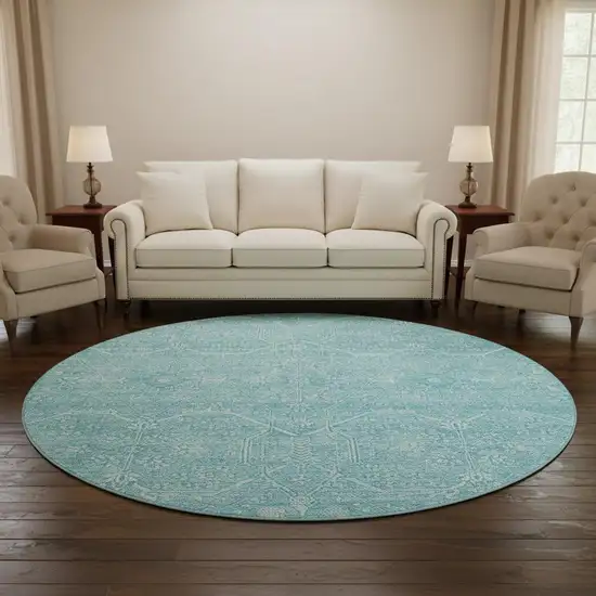 8' X 8' Sky Blue And Ivory Floral Washable Round Rug With UV Protection Photo 1