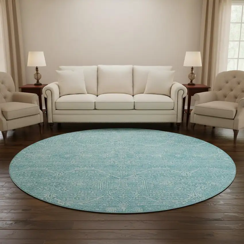 8' X 8' Sky Blue And Ivory Floral Washable Round Rug With UV Protection Photo 1