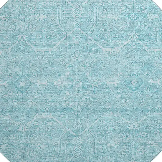 8' X 8' Sky Blue And Ivory Floral Washable Round Rug With UV Protection Photo 3
