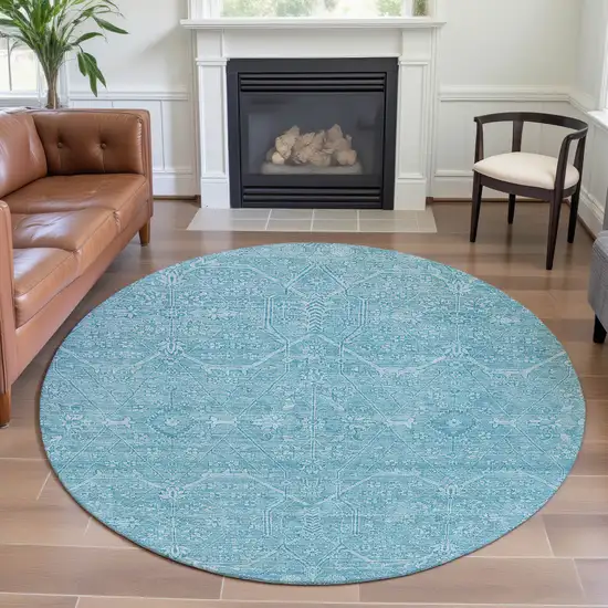 8' X 8' Sky Blue And Ivory Floral Washable Round Rug With UV Protection Photo 5