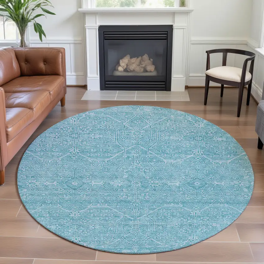 8' X 8' Sky Blue And Ivory Floral Washable Round Rug With UV Protection Photo 5