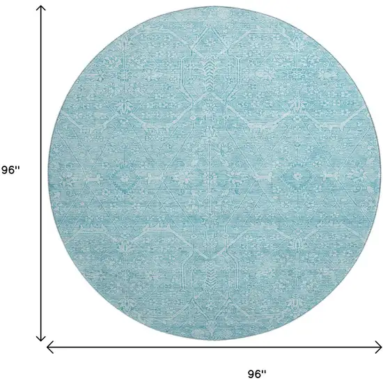 8' X 8' Sky Blue And Ivory Floral Washable Round Rug With UV Protection Photo 9