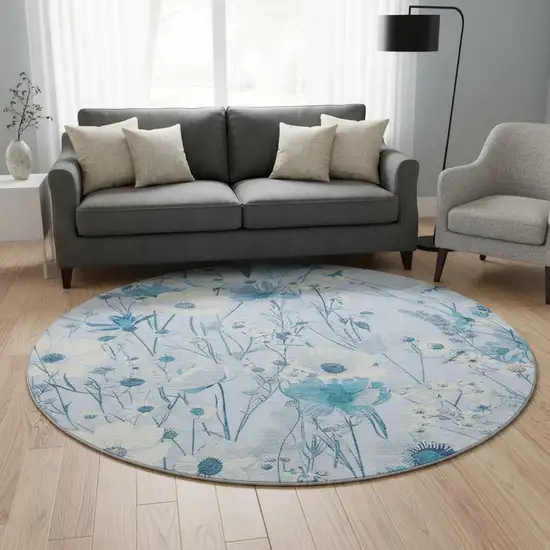 8' X 8' Sky Blue And Ivory Floral Washable Round Rug With UV Protection Photo 2