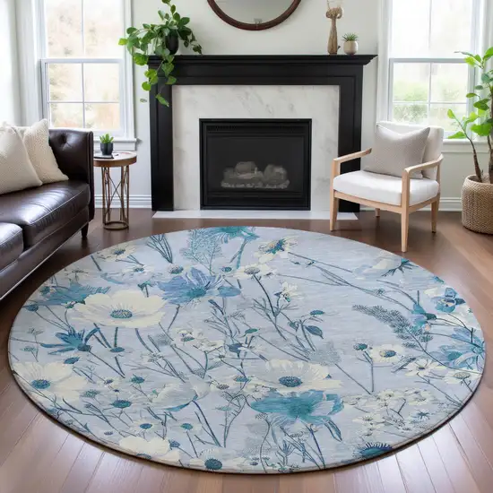 8' X 8' Sky Blue And Ivory Floral Washable Round Rug With UV Protection Photo 4