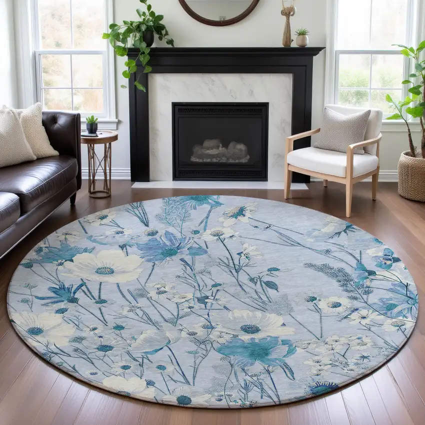 8' X 8' Sky Blue And Ivory Floral Washable Round Rug With UV Protection Photo 4