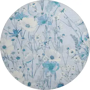 Photo of 8' X 8' Sky Blue And Ivory Floral Washable Round Rug With UV Protection