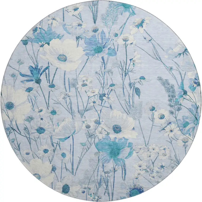 8' X 8' Sky Blue And Ivory Floral Washable Round Rug With UV Protection Photo 1