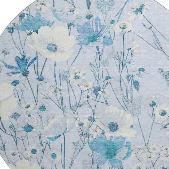 8' X 8' Sky Blue And Ivory Floral Washable Round Rug With UV Protection Photo 2