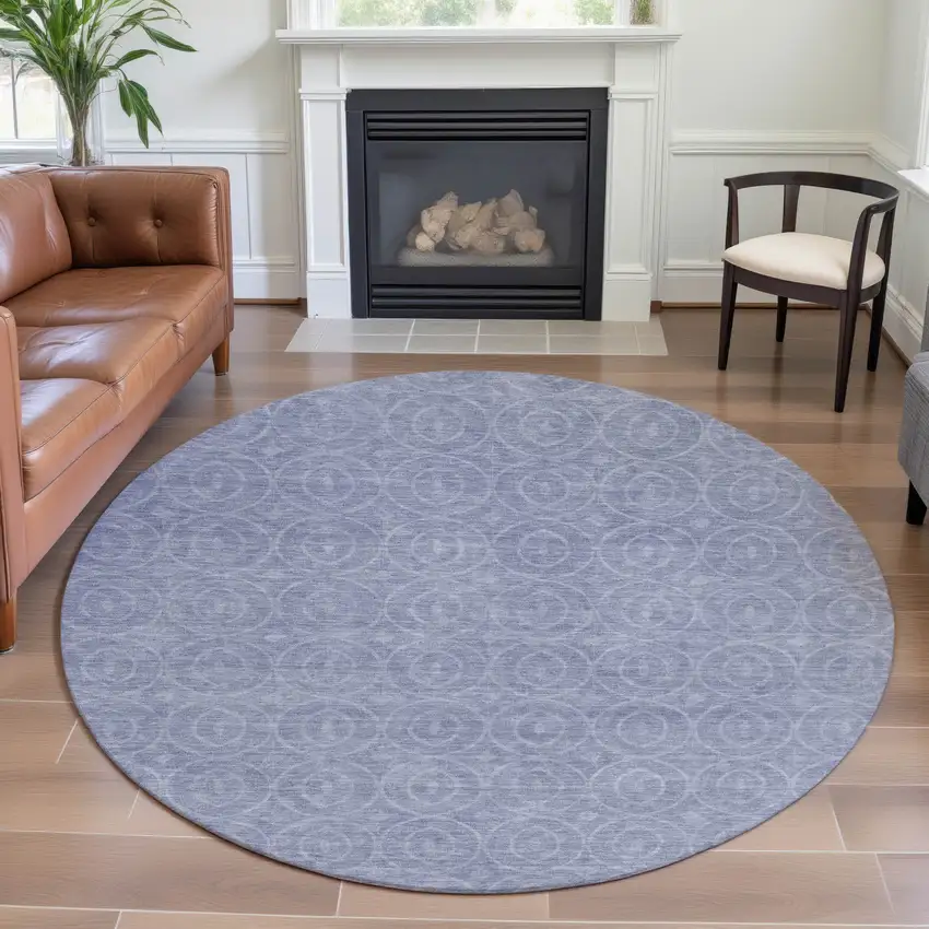 8' X 8' Sky Blue And Ivory Geometric Washable Round Rug With UV Protection Photo 4