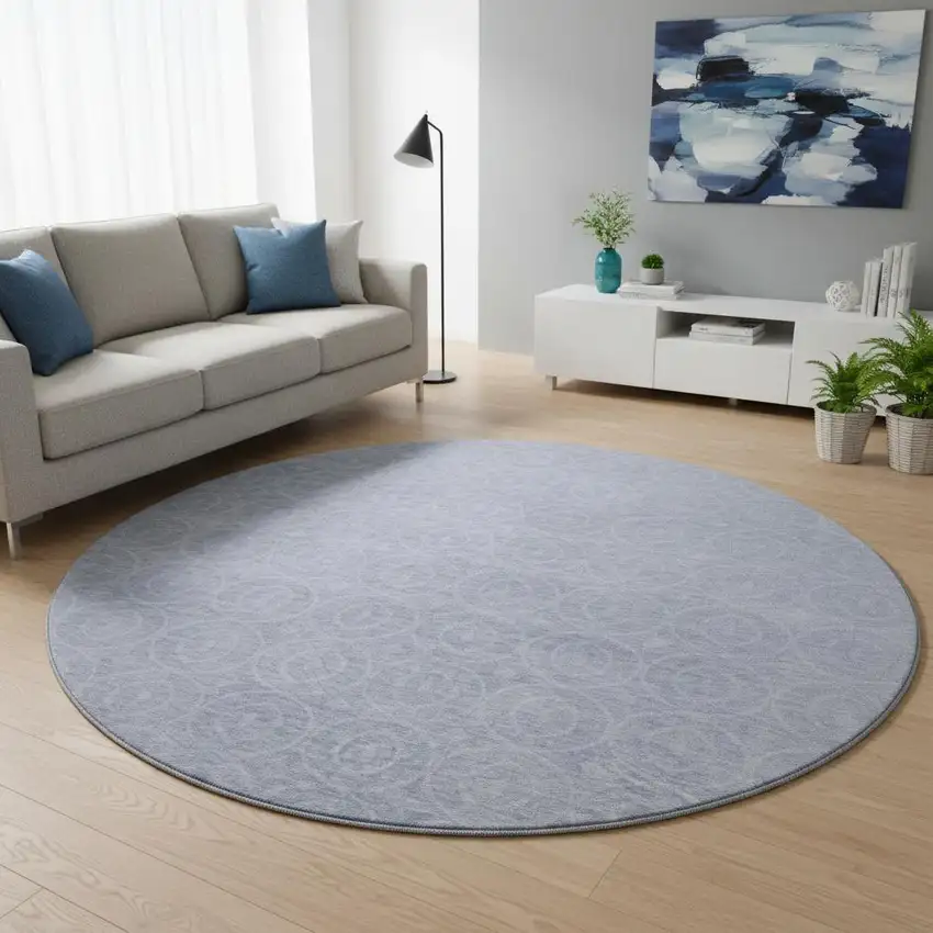 8' X 8' Sky Blue And Ivory Geometric Washable Round Rug With UV Protection Photo 2