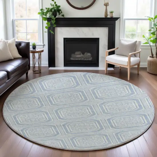 8' X 8' Sky Blue And Ivory Geometric Washable Round Rug With UV Protection Photo 4