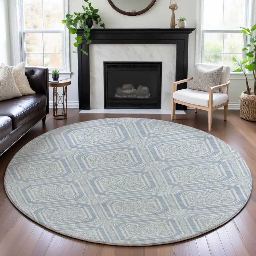 8' X 8' Sky Blue And Ivory Geometric Washable Round Rug With UV Protection Photo 4