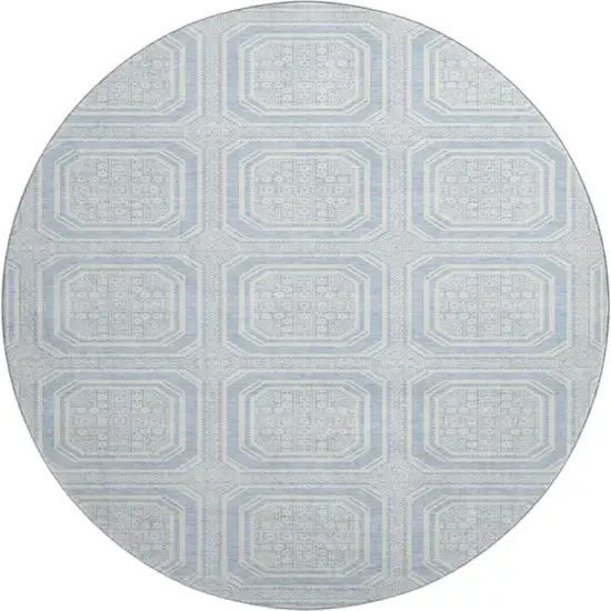 8' X 8' Sky Blue And Ivory Geometric Washable Round Rug With UV Protection Photo 1