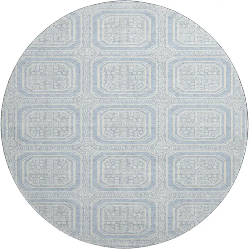 8' X 8' Sky Blue And Ivory Geometric Washable Round Rug With UV Protection Photo 1