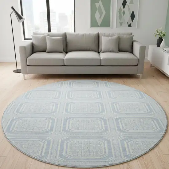8' X 8' Sky Blue And Ivory Geometric Washable Round Rug With UV Protection Photo 2