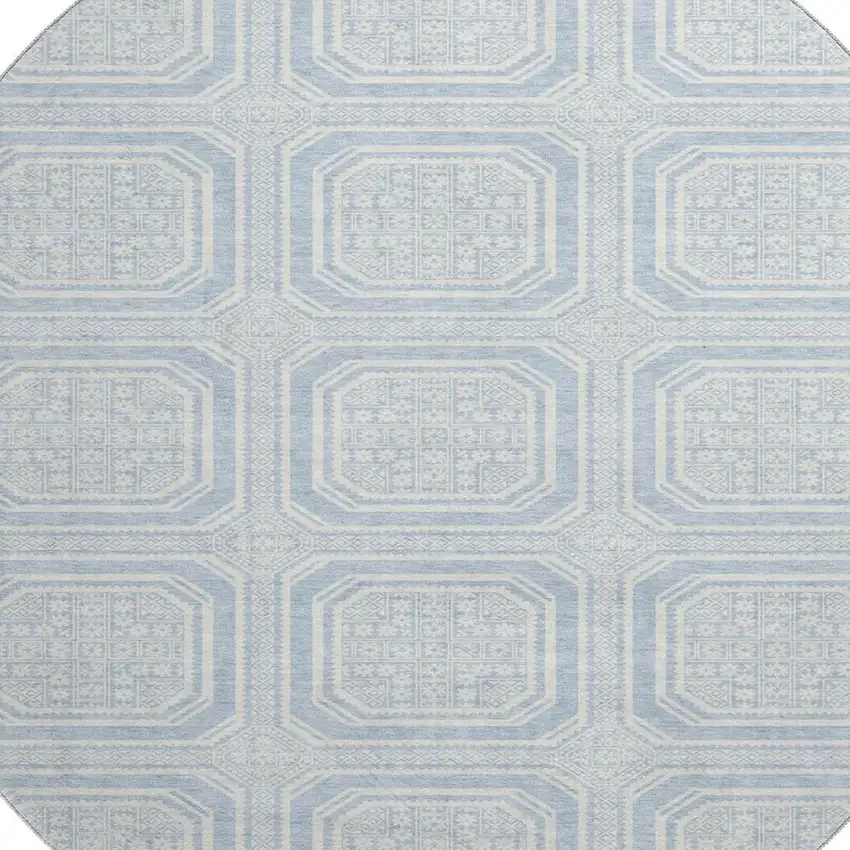 8' X 8' Sky Blue And Ivory Geometric Washable Round Rug With UV Protection Photo 2