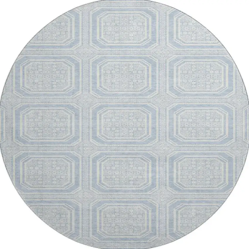 8' X 8' Sky Blue And Ivory Geometric Washable Round Rug With UV Protection Photo 3
