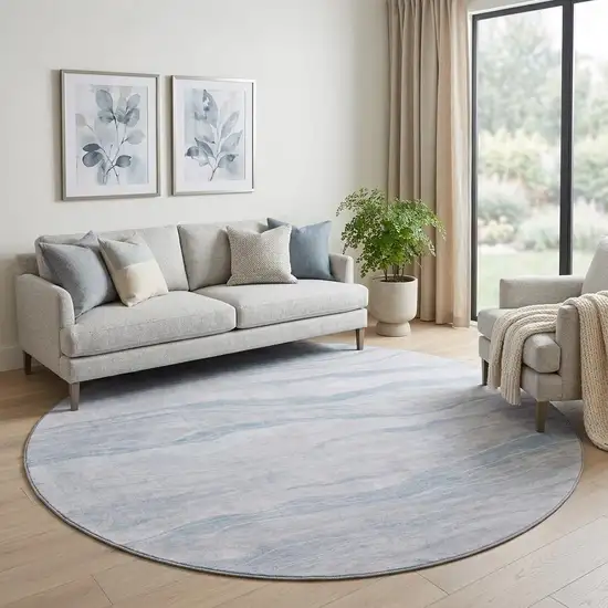 8' X 8' Sky Blue And Ivory Striped Washable Round Rug With UV Protection Photo 1