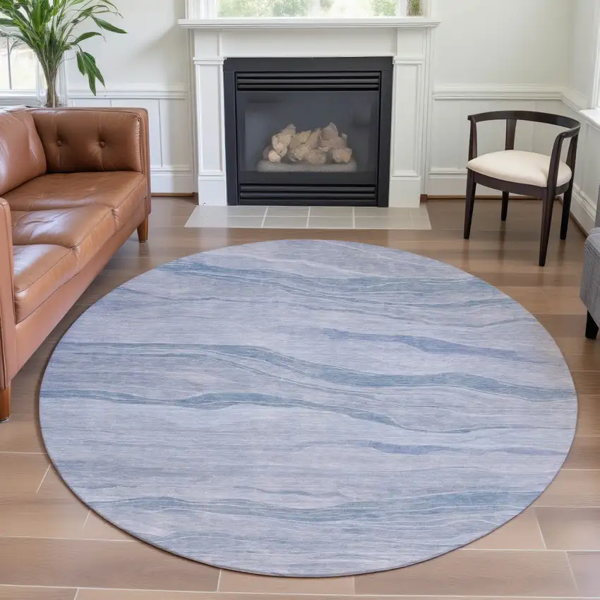 8' X 8' Sky Blue And Ivory Striped Washable Round Rug With UV Protection Photo 4