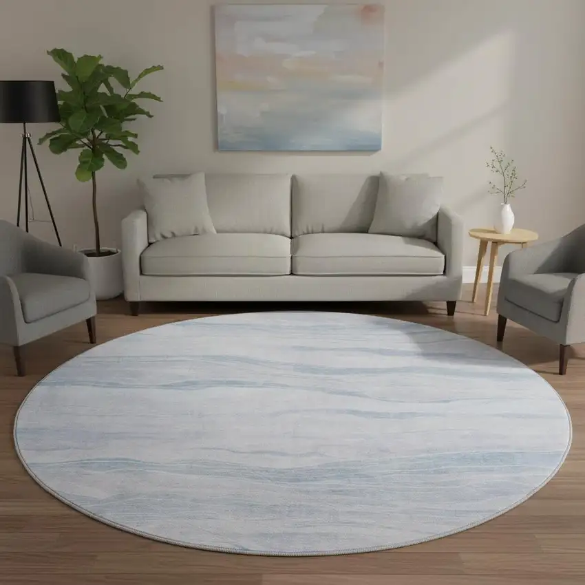 8' X 8' Sky Blue And Ivory Striped Washable Round Rug With UV Protection Photo 2