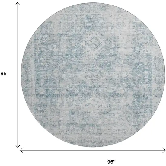 8' X 8' Sky Blue And Silver Oriental Washable Round Rug With UV Protection Photo 9
