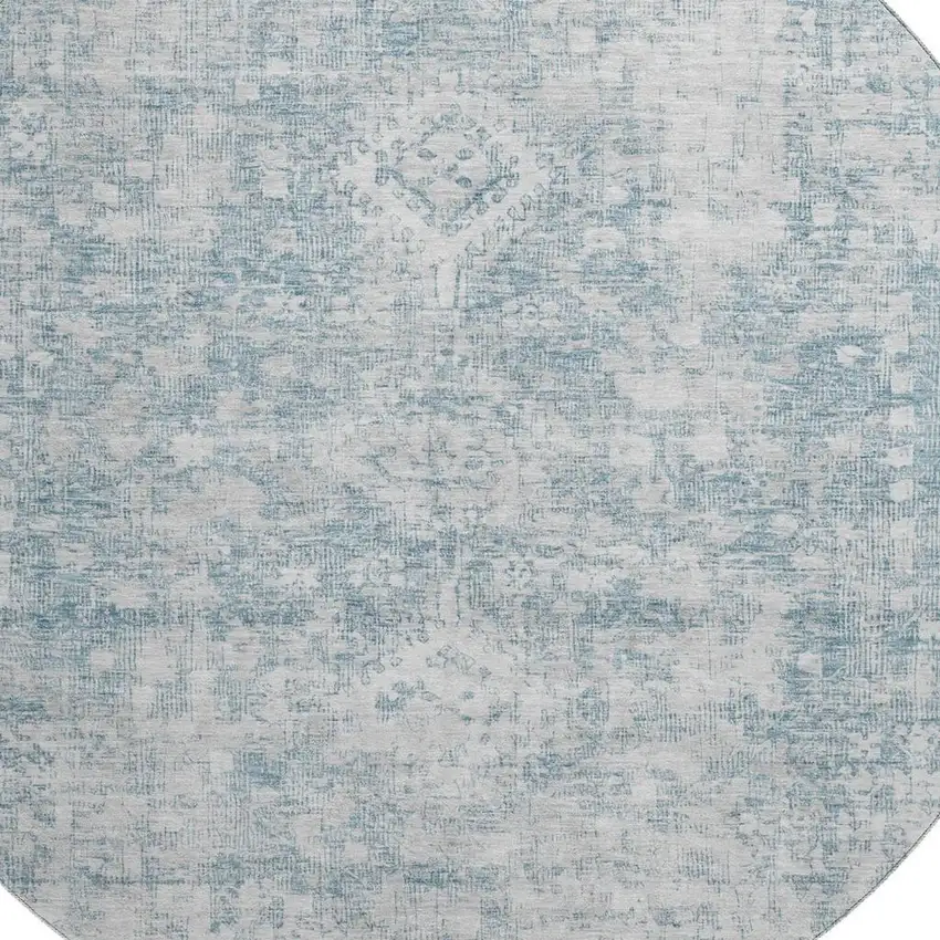 8' X 8' Sky Blue And Silver Oriental Washable Round Rug With UV Protection Photo 2
