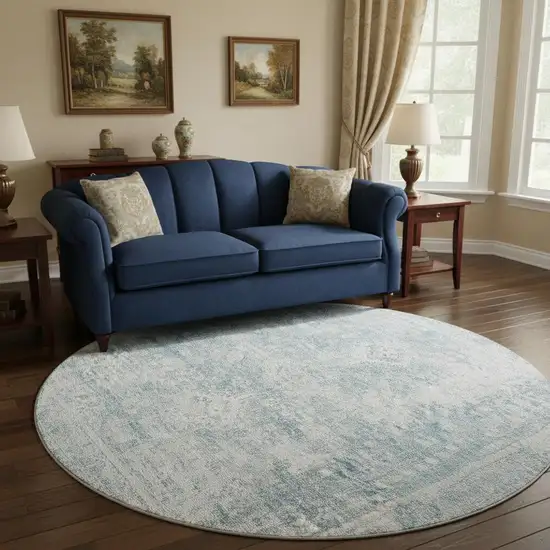 8' X 8' Sky Blue And Silver Oriental Washable Round Rug With UV Protection Photo 2