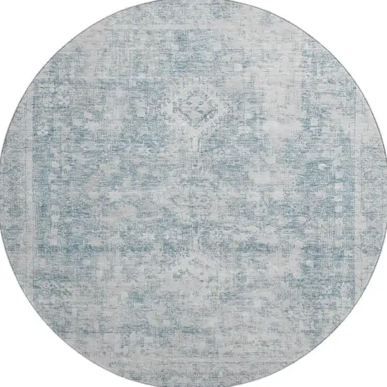 8' X 8' Sky Blue And Silver Oriental Washable Round Rug With UV Protection Photo 3
