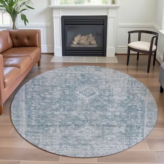 8' X 8' Sky Blue And Silver Oriental Washable Round Rug With UV Protection Photo 4