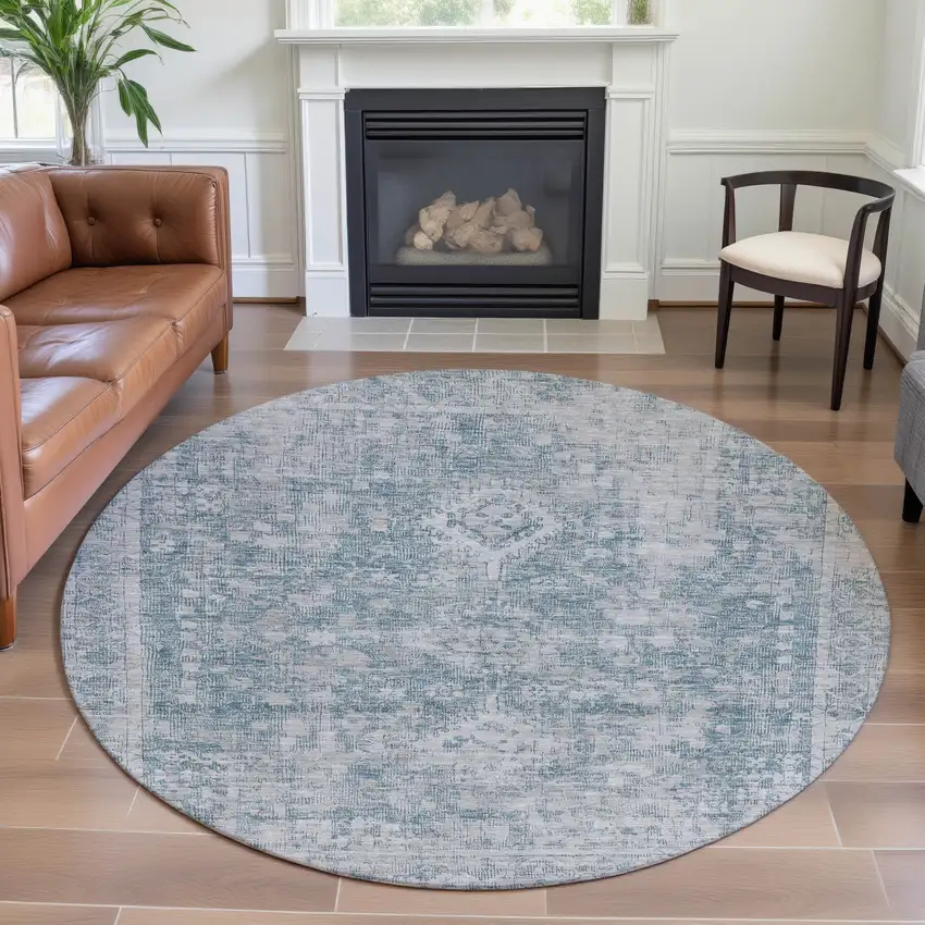 8' X 8' Sky Blue And Silver Oriental Washable Round Rug With UV Protection Photo 4