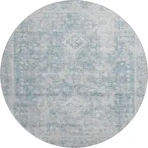Photo of 8' X 8' Sky Blue And Silver Oriental Washable Round Rug With UV Protection